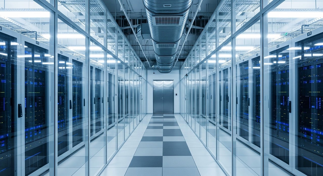 data center, server racks, blue light, glass cabinet, infrastructure, technology, tiled floor, ventilation, cable system, modern, stylized, computing, network, symmetrical, hallway, ambient, machine room, system, interior, engineering, digital, cooling system, control, structured, ai generated